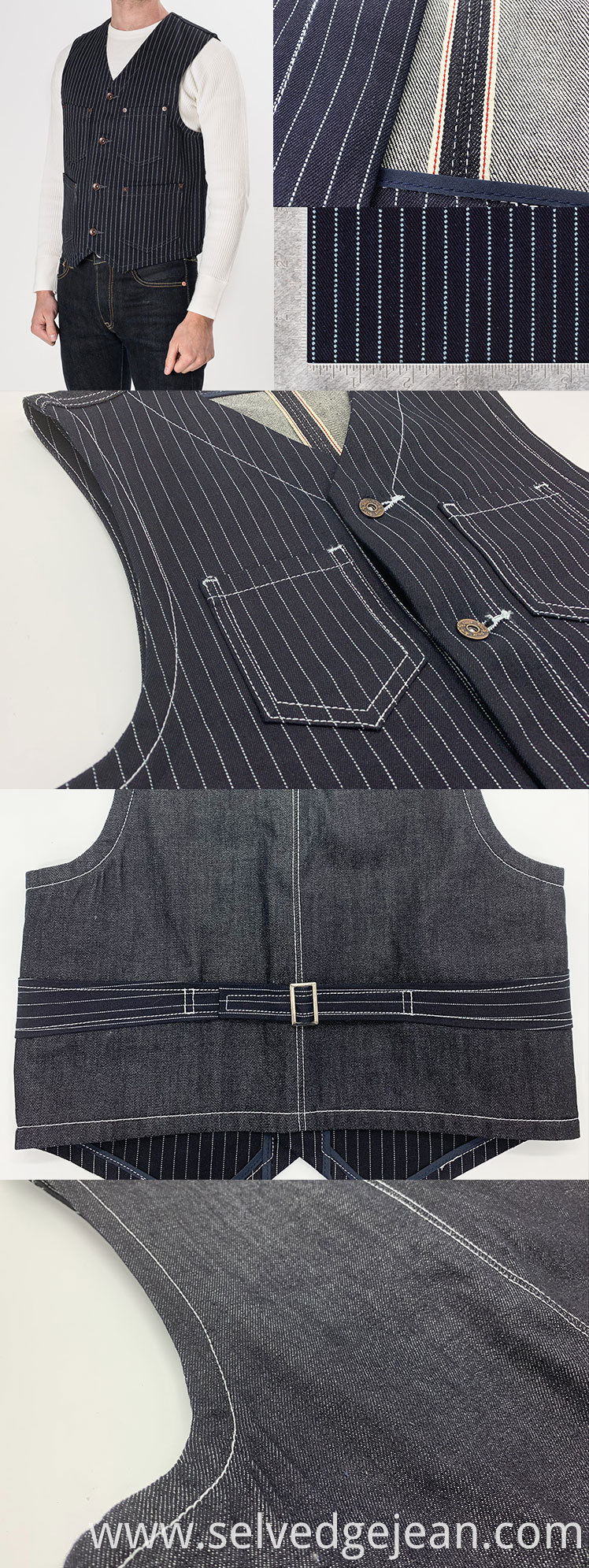 mens denim jeans material organic 100% cotton selvedge hiskory stripe denim fabric Vintage style vest jacket